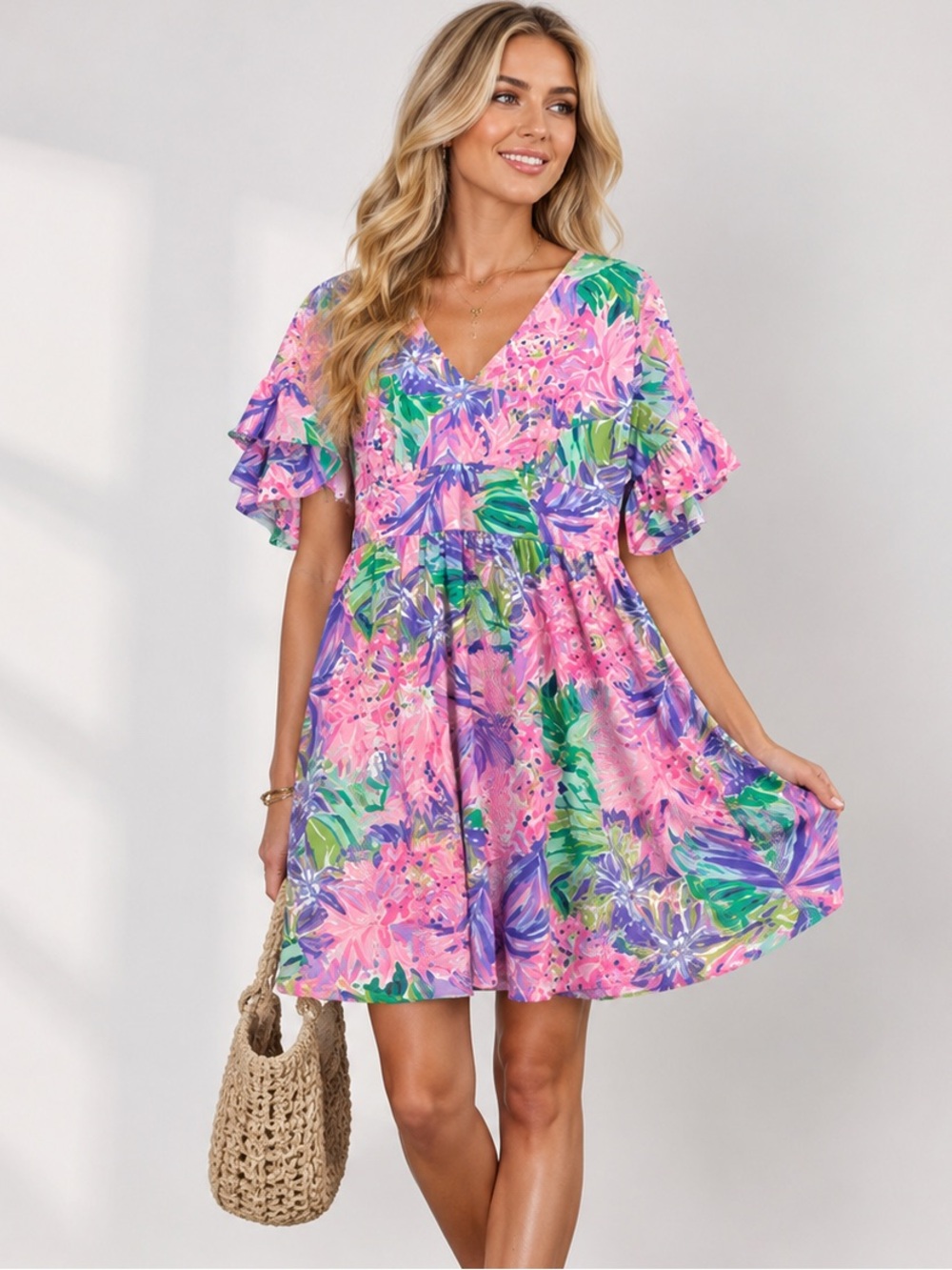 Lilly Pulitzer Dress Rayon Tropical Floral Ruffle Sleeve 8 Preppy Vacation